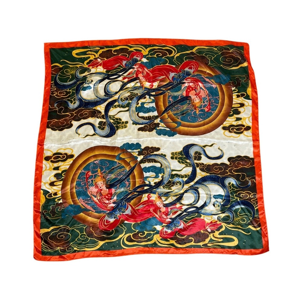 Silky Jewel Tone Purse Head Scarf Chinese Motifs Square Asian Artsy 35" x 35"